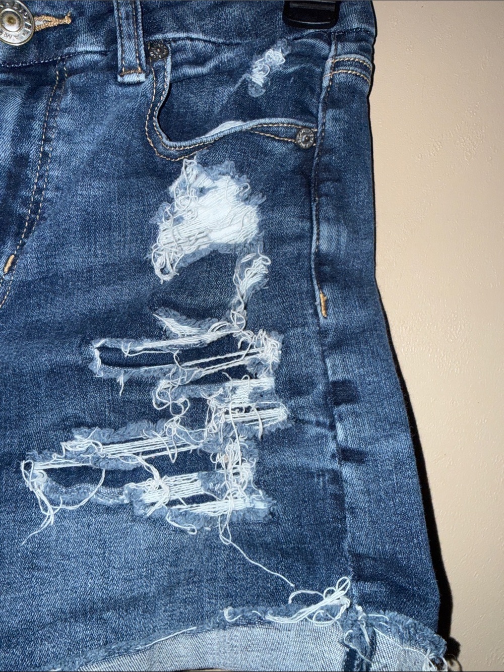 American Eagle Outfitters Distressed Dark Blue Denim Cutoff Shorts - Picture 4 of 9